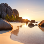 **Anse Source d'Argent:** "Golden light at sunrise on Anse Source d'Argent, La Digue. Giant granite boulders on a white sand beach, reflecting the warm light. Low tide, showing textures in the rocks. Cinematic, serene."