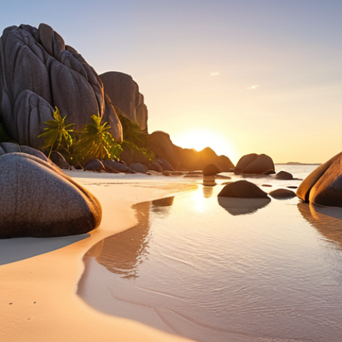 Home 4 **Anse Source d'Argent:** "Golden light at sunrise on Anse Source d'Argent, La Digue. Giant granite boulders on a white sand beach, reflecting the warm light. Low tide, showing textures in the rocks. Cinematic, serene."