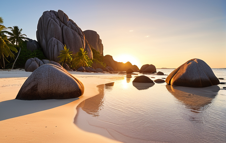 **Anse Source d'Argent:** "Golden light at sunrise on Anse Source d'Argent, La Digue. Giant granite boulders on a white sand beach, reflecting the warm light. Low tide, showing textures in the rocks. Cinematic, serene."