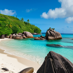 A breathtaking, secluded beach cove in Seychelles, featuring pristine white sands gently meeting crystal-clear turquoise waters. Lush green tropical vegetation cascades down to meet ancient, smooth granite boulders forming natural boundaries. The scene is bathed in soft, natural daylight, evoking a sense of untouched tranquility. A single, traditional local fishing boat is visible in the distant calm waters. The composition highlights the raw beauty and serene atmosphere. safe for work, appropriate content, fully clothed, family-friendly, professional photography, high quality, highly detailed, perfect anatomy, correct proportions, natural pose, well-formed hands, proper finger count, natural body proportions.