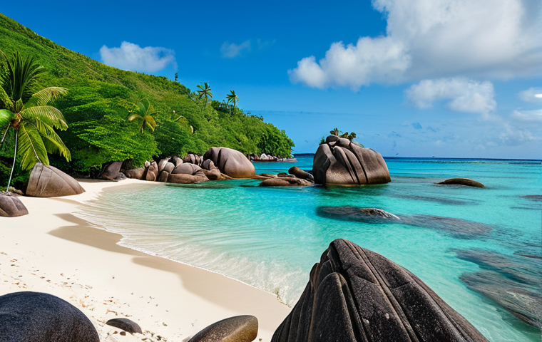 A breathtaking, secluded beach cove in Seychelles, featuring pristine white sands gently meeting crystal-clear turquoise waters. Lush green tropical vegetation cascades down to meet ancient, smooth granite boulders forming natural boundaries. The scene is bathed in soft, natural daylight, evoking a sense of untouched tranquility. A single, traditional local fishing boat is visible in the distant calm waters. The composition highlights the raw beauty and serene atmosphere. safe for work, appropriate content, fully clothed, family-friendly, professional photography, high quality, highly detailed, perfect anatomy, correct proportions, natural pose, well-formed hands, proper finger count, natural body proportions.