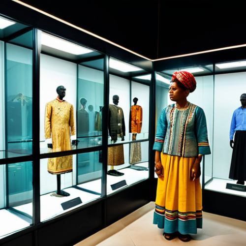 A professional museum visitor, fully clothed in modest, appropriate attire, standing respectfully in front of a meticulously curated exhibit at the Seychelles National Museum. The exhibit showcases a diverse collection of traditional Seychellois ethnic costumes and historical artifacts, displayed within elegant glass cases under soft, professional lighting. The background subtly features other museum displays, hinting at the rich cultural heritage. High-resolution, professional photography, perfect anatomy, correct proportions, natural pose, well-formed hands, proper finger count, natural body proportions, safe for work, appropriate content, fully clothed, modest, family-friendly.