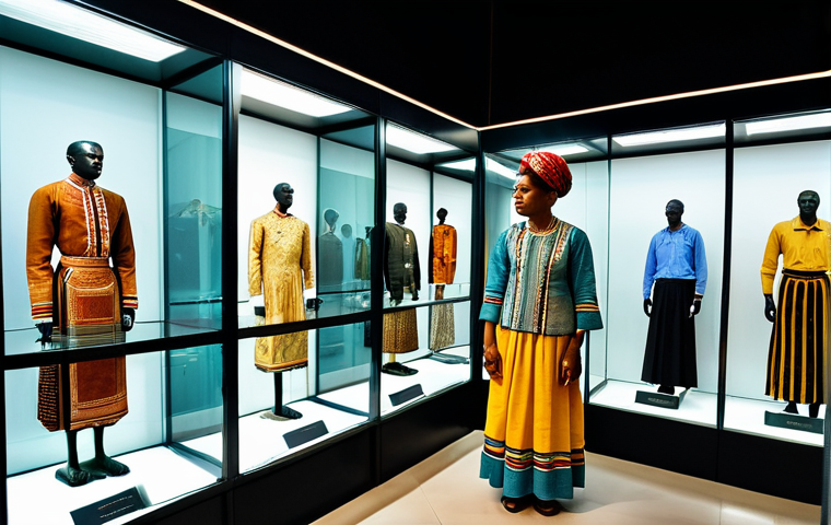 A professional museum visitor, fully clothed in modest, appropriate attire, standing respectfully in front of a meticulously curated exhibit at the Seychelles National Museum. The exhibit showcases a diverse collection of traditional Seychellois ethnic costumes and historical artifacts, displayed within elegant glass cases under soft, professional lighting. The background subtly features other museum displays, hinting at the rich cultural heritage. High-resolution, professional photography, perfect anatomy, correct proportions, natural pose, well-formed hands, proper finger count, natural body proportions, safe for work, appropriate content, fully clothed, modest, family-friendly.