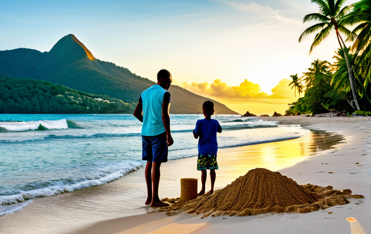 **

"A professional photographer captures a stunning sunset view of Beau Vallon beach in Mahe, Seychelles. A fully clothed family enjoys the golden hour, building sandcastles. Palm trees sway gently in the breeze. Safe for work, appropriate content, family-friendly, perfect anatomy, natural proportions, high resolution, vibrant colors, professional photography, fully clothed, modest attire."

**