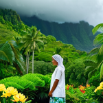 **

"A serene tropical scene in the Seychelles: Lush greenery after a refreshing rain shower, vibrant flowers in bloom, with filtered sunlight breaking through the clouds. A fully clothed woman in modest, light clothing observes the scenery. Safe for work, appropriate content, professional photography, perfect anatomy, natural proportions, family-friendly."

**
