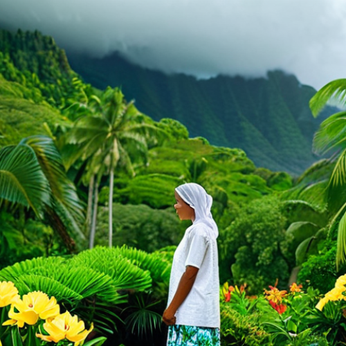 **

"A serene tropical scene in the Seychelles: Lush greenery after a refreshing rain shower, vibrant flowers in bloom, with filtered sunlight breaking through the clouds. A fully clothed woman in modest, light clothing observes the scenery. Safe for work, appropriate content, professional photography, perfect anatomy, natural proportions, family-friendly."

**
